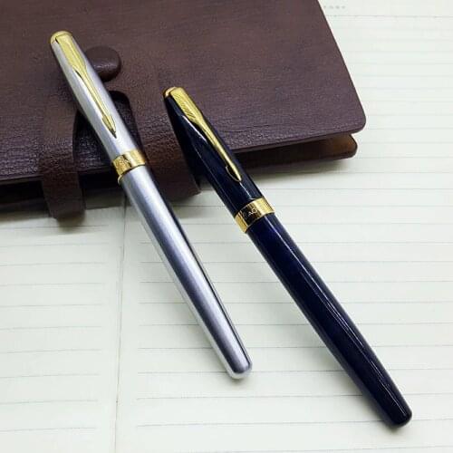 New Black Silver Stainless Steel Fountain Pen Luxury Brand 18K Nib Medium Gold Trim Arrow Clip Office Metal Pens