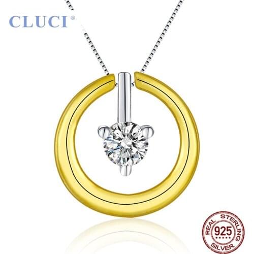 CLUCI Authentic 925 Silver Gold Pendant for Women Necklace Sterling Silver Round Zircon Jewelry Charms Pendant DP017SB