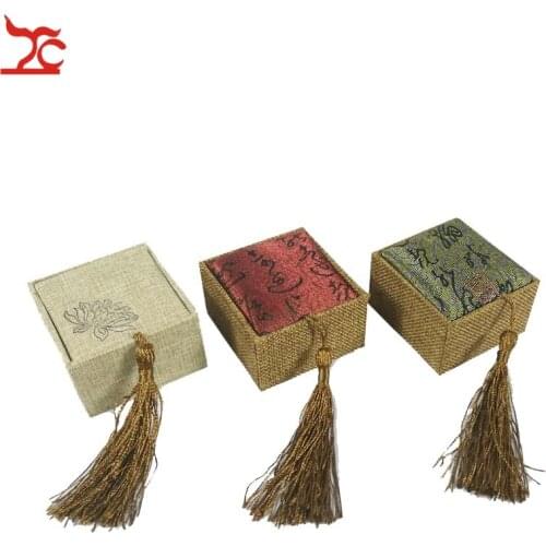 Luxury Tassel Linen Ring Storage Box Rectangular Retro Flax Screen Calligraphy Lotus Ring Organizer Display Gift Box 6.5*6*4cm
