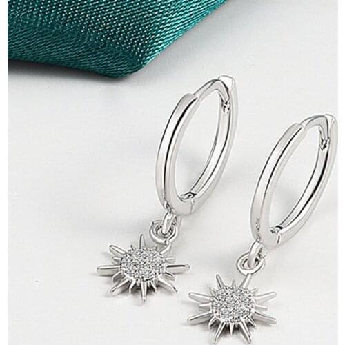 KOFSAC Silver Color Crystal Geometric Sun Hoop Earring For Women Fashion Party Jewelry Girlfriend Valentines Day Accessories