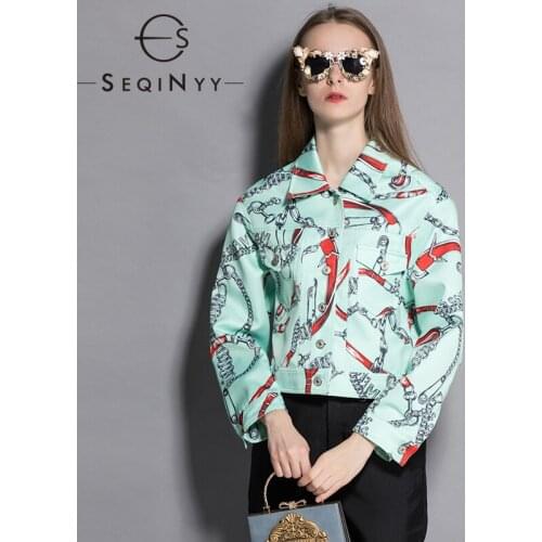 SEQINYY Green Short Jacket Denim 2020 Spring Autumn New Fashion Design Women Runway Puff Sleve Chain Print High Quality