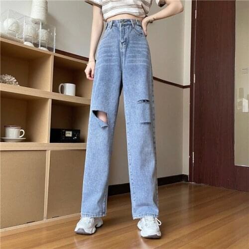 Women Casual Jeans Fashion Hole Pants High Waist Straight Pant Slim Streetwear Femme Bottoms Lady Trousers Wide Leg Pants Jeans