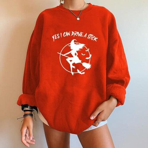 Women Sweatshirts Drop Shoulder Harajuku Loose Tops Clothes Yes I Can Drive A Stick Witch Print Halloween Sweatshirt