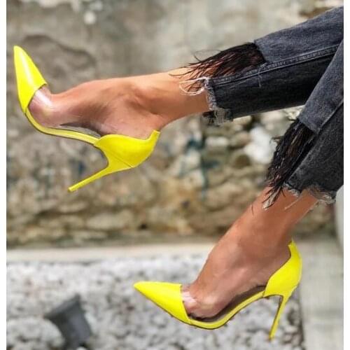 Moraima Snc Clear PVC Patchwork High Heel Shoe Woman Pointed Toe Stiletto Heels Thin heels Party Dress Shoe Yellow
