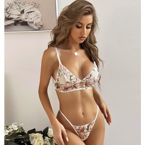 2021 ultra thin womens lace sexy perspective flower embroidery Ladies bra set with steel ring gather bralette and panty