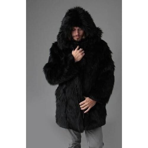 Winter Men Hooded Faux Fox Fur Coat Jacket Thick Long Sleeve Warm Luxury Fur Black Parkas Bontjas Mens Furry Shaggy Outerwear