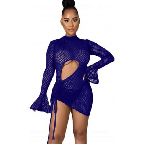 2021 Mesh Long Sleeve Sexy Club Dress Beach Summer Hollow Out WomenO-Neck Sexy Party Mini Dresses Casual Bodycon Black Vestidos