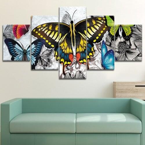 5 Piece Colorful Artistic Butterfly Animal Painting High Quality Canvas Print Modular Retro Style Poster Home Decorative Wall
