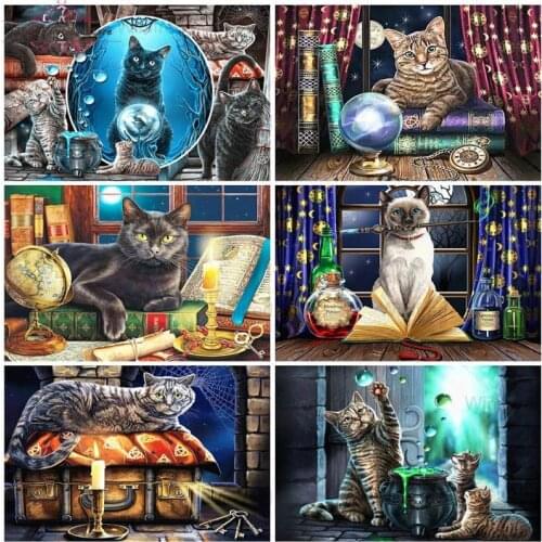 5D DIY Diamond Painting Magical Cat Picture Full Square Round Diamond Embroidery Kit Animal Mosaic Rhinestone Art Handicraft