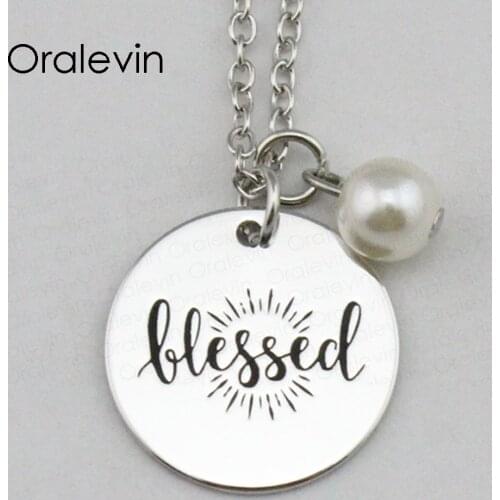 BLESSED Inspirational Hand Stamped Engraved Charm Custom Pendant Link Chain Necklace Gift Jewelry,18Inch,22MM,10Pcs/Lot, #LN2294
