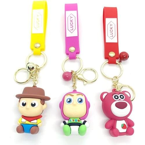 Disney Cartoon Keychain Toy Story Buzz Lightyear Woody Strawberry Bear Key Chain Pendants Collectible Birthday Keyring Gift