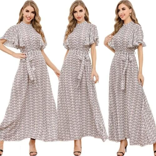 Fashion Chiffon Print Long Dress Muslim Women Arab Abaya Maxi Robe Casual Middle East Dubai Kaftan Summer Short Sleeve Dresses