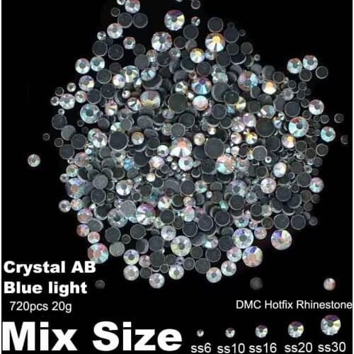 DMC Hotfix Glass Rhinestones Blue Light Crystal AB Mixed Sizes SS6 SS10 SS16 SS20 SS30 720pcs Iron On Strass Stones DIY Garments