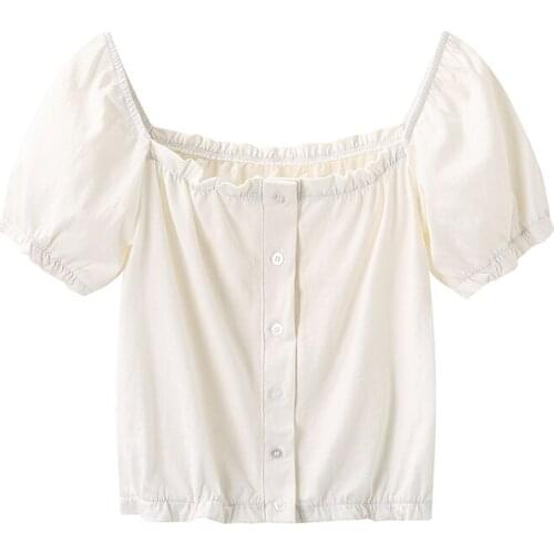 Sweet Women Square Collar Single-breasted T-shirt 2021 Summer Fashion Ladies Vintage T-shirt Female Solid Color T-shirt