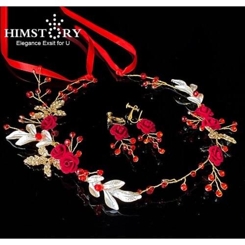 Himstory Gold Rhinestone Leaf Red Rose Flower Headband Hairband Women Girl Headpiece Tiaras Wedding Bridal Hair Accessory
