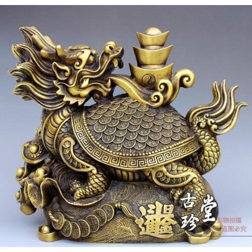 Chinese Brass Copper Wealth Money Gold ingot Dragon Turtle god Beast Art Statue