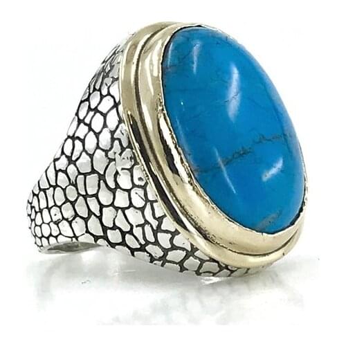Large Oval Turquoise Stone Special Production Silver Men 'S Ring