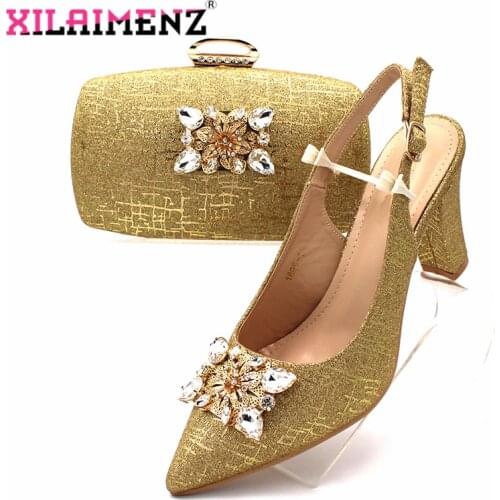 Mature Italian Women Royal Wedding Party Shoes and Bag to Match with Shinning Crystal in Golden Color Nigerian Style Set