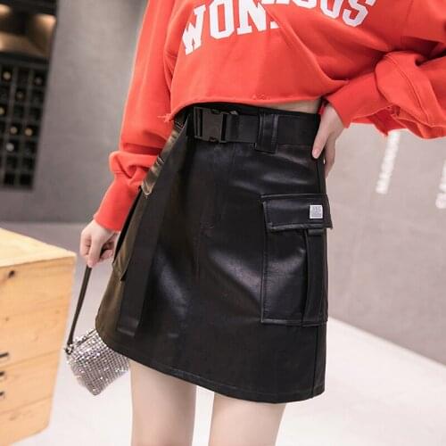 New Autumn Winter Women Skirt PU Leather Sexy Fashion Punk Style Mini Skirts Streetwear Pockets A-line High Waist Skirt 2019
