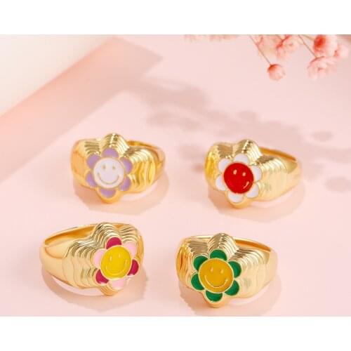 New Ins Vintage Drop Oil Smiley Flower Ring Gold-plated Copper Colorful Flower Rings For Women Girls Fashion Jewelry Gifts