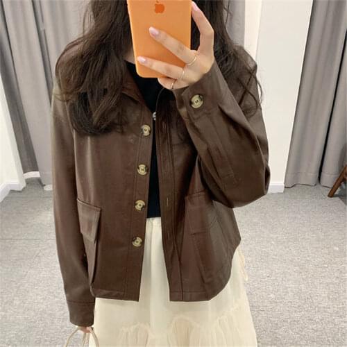 New Autumn Brief Elegant Chic All-Match 2021 Office Lady Cool PU Leather Locomotive Girl Fashion Simple Short Coats