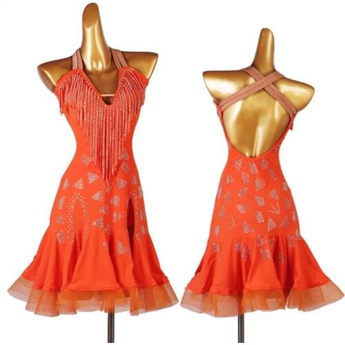 Latin Dance Dress V-Neck Backless Sexy Sling Skirt Professional Rhinestone Fringe Latin Ballroom Competition Clothing DQL5716