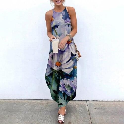 Maxi Dresses Sexy Sleeveless Sundress Women Floral Print Causal Halter Summer Beach Dress Asymmetric Ladies Sling Long Dress
