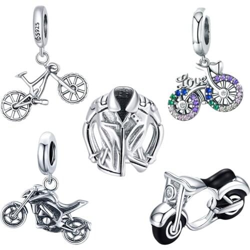 WOSTU Sterling Silver 925 Bike Bicycle Rainbow Zircon Beads Fit Bracelet Pendant For Women Necklace Party Silver Jewelry BKC1082