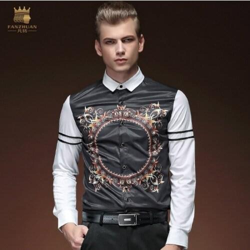 Free Shipping New fashion casual 2015 male mens spring shirt shirts pattern Metrosexual floral V-neck shirts 15223 On Sale