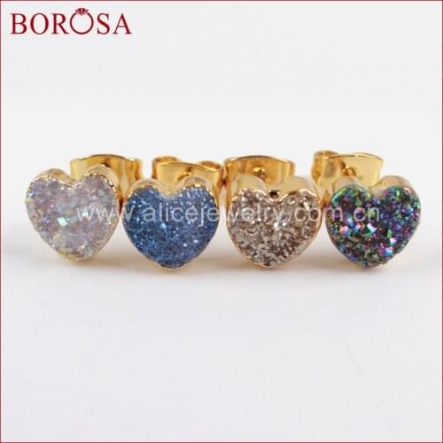 BOROSA Heart Natural Druzy Crystal Titanium Rainbow Druzy Stud Earrings for Women, Gold Color Drusy Crystal Earrings G1328
