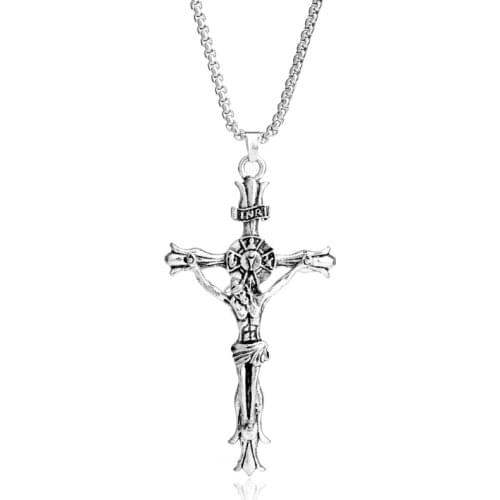 Dongsheng Vintage Jesus Christ Crucifix Pendant Necklace Mens Fashion Cross Chain Necklace Statement Necklace Jewelry
