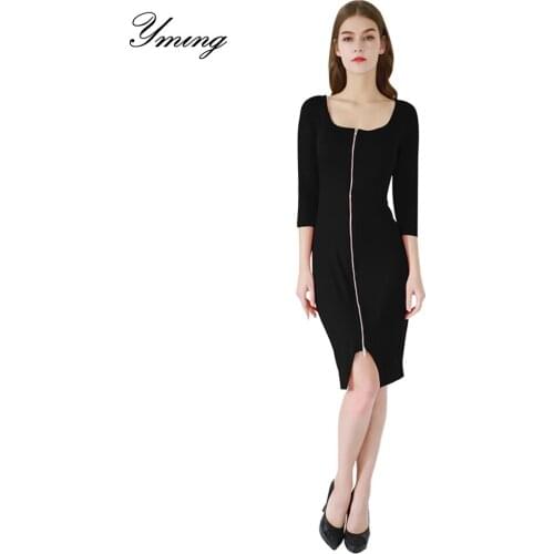YMING Front Zipper Sexy Bodycon Women Dress Evening Party Club Vestidos Beach Midi Dresses Office Casual Clothes for Women Dress