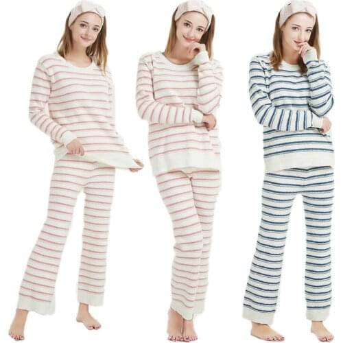 Stripe Women Girls Pajamas Sets Warm Long Sleeve Top+Pant Pijama Homewear Thick Sleepwear Pyjama Loungewear Nightwear PJS 2pcs