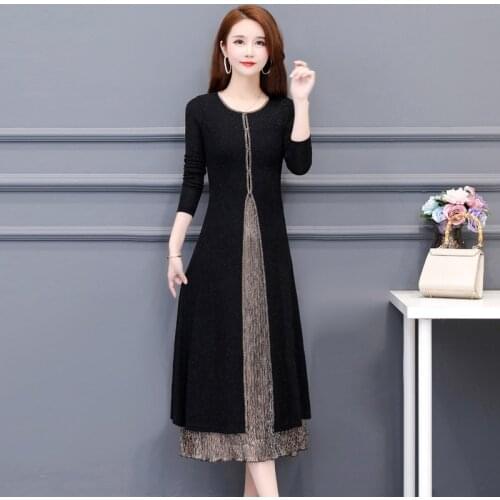 Autumn Winter Dress Fashion Women Plus Size 5XL Elegant Women Party Dress Long Sleeve Fake Two Maxi Dress Female Vestidos Y323