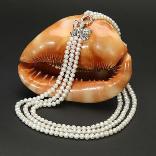 3 row 7-8mm natural round freshwater cultured white pearl necklace pendant