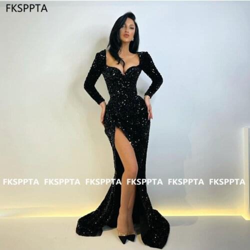 Sparkly Black Mermaid Arabic Prom Dress Sweetheart High Slit Sexy Sequin Party Dresses With Sleeves Plus Size Women Formal Gowns