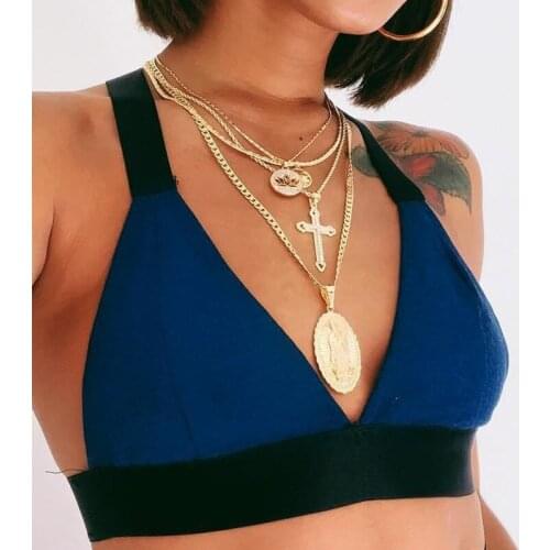 Women Necklace Crystal Cross Lotus Virgin Mary Pendant Multilayer Gold Clavicle Chain Fashion Party Choker Jewelry Accessories