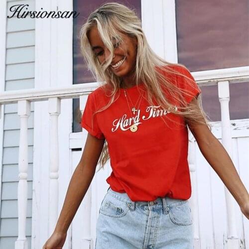 Hirsionsan Women harajuku T-shirt 2019 Summer Letter Printed Cotton T Shirt Casual Loose O-neck Comfortable Red Women Tops Tees
