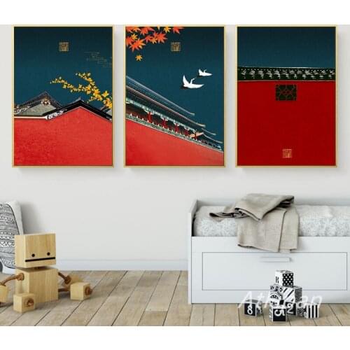 Chinese Style Vintage Beautiful Forbidden City Poster Red Wall Court Pictures 3Pcs Set For Living Room Study Aisle Decoration