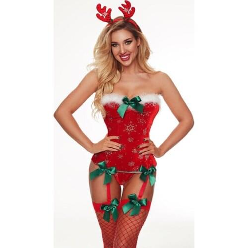 Red Christmas One-Piece Sexy Underwear 4 Set Christmas Present Sex Appeal Elk Headdress Fashion Bra And Panties Lingerie Set