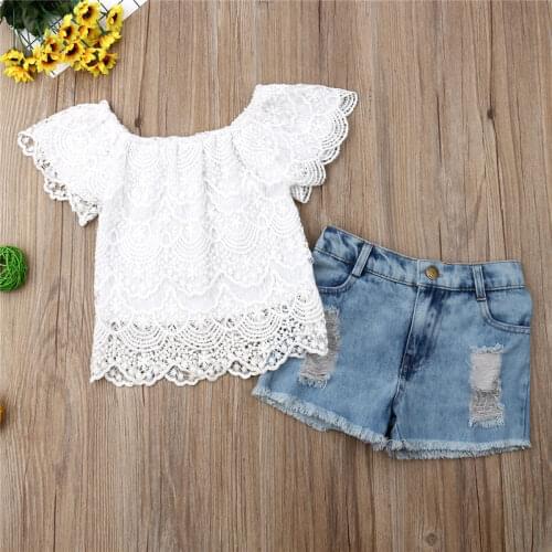 Baby Girls Clothes Set Toddler Kids Outfit Lace Short Sleeve Top+Ripped Denim Shorts Off Shoulder T-shirt 2 Piece 1-6T