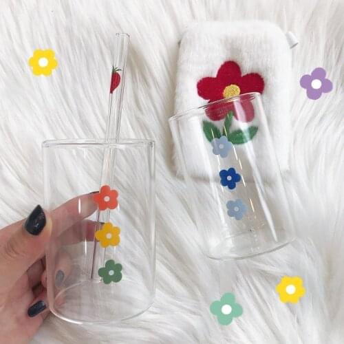 Ins Creative Cute Flower Glass Mugs with Coaster Milk Tea Glass Cup Coffee Mug Glass Water Bottle Cute