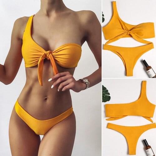 One Shoulder Bikinis Swimsuits Women Sexy Bow Biquini Yellow Bathing Suits Thong Bathers Swim Suit