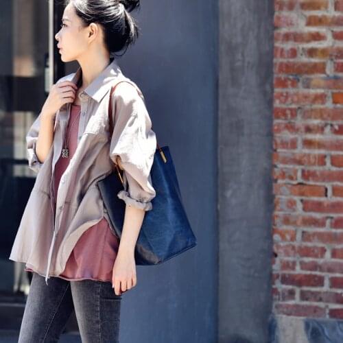 MICOCO C1338C Simple temperament pure color loose and thin splicing long sleeve lapel shirt