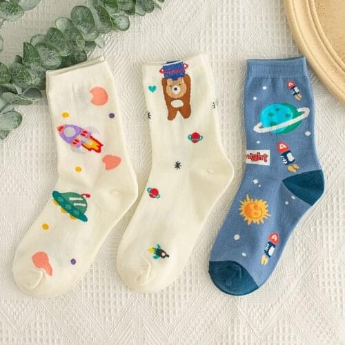 3pairs/set Japanese Cream Color Cute Socks Women Girl Winter Cartoon Socks Cosmic Space Starry Sky Cotton Harajuku Casual Socks