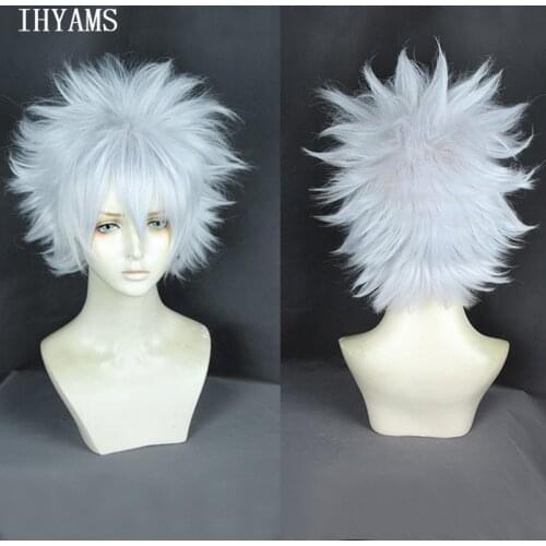 HUNTER HUNTER Killua Zoldyck Short Shaggy Layered Cosplay Wig Heat Resistant Synthetic Hair Cosplay Costume Wig + Wig Cap