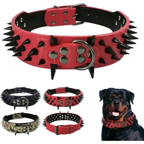 Durable Thick Spiked Dog Collar Leather Stylish Soft Rivets Pet Collar Metal Buckle Fits Medium Large Dogs