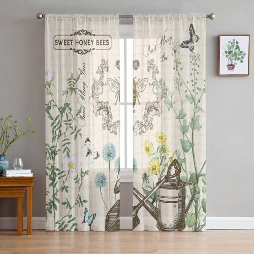 Retro Bee Butterfly Flower Sheer Curtains for Living Room Bedroom Kitchen Tulle for Windows Voile Drapes Home Decoration