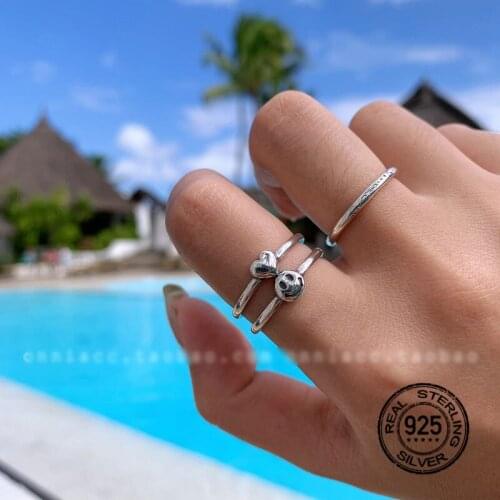 S925 Sterling Silver Rings For Women Opening Adjustable Smile Double Heart Male Female Index Finger Retro Simple Jewelry INEFFA