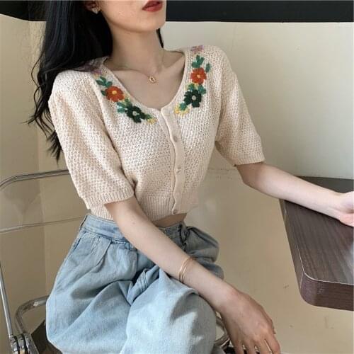 Summer Girls Vintage Cropped Cardigan Korean Sweater Cardigans Floral Knitting Sexy Crop Top Teens Fall 2020 Women Clothing